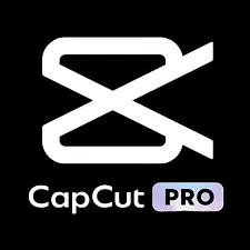 White CapCut Pro logo with a stylized "X" or "hourglass" symbol and the text "CapCut PRO" with a subtle iridescent sheen, set against a solid black background.