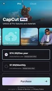 Screenshot of the CapCut Pro subscription page showing pricing options: $74.99 for one year (limited-time offer, originally $129.99) and $7.99 monthly (limited-time offer, originally $15.99). Featured benefits include 100GB Cloud space, Transitions, and Video effects. The top section shows a person windsurfing.