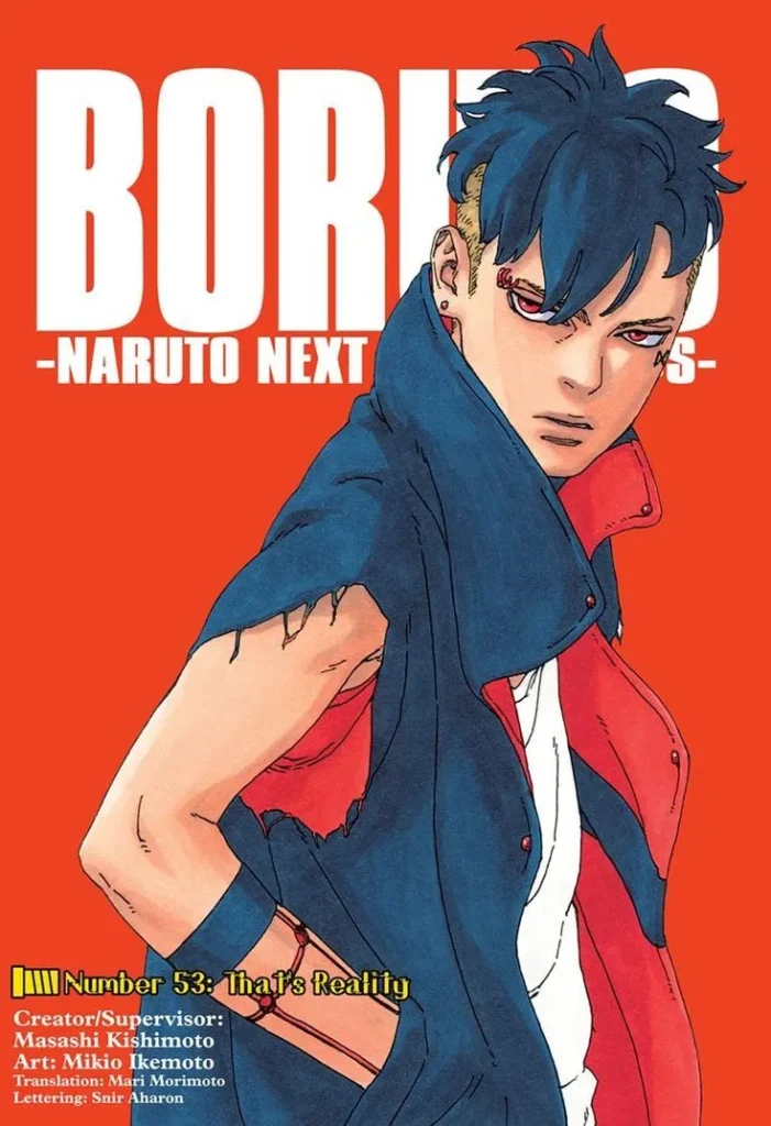 Kawaki, a character from Boruto: Naruto Next Generations, with dark blue hair and a red jacket, set against a vibrant red background.