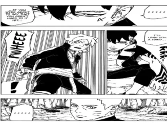 Boruto and Kawaki in a tense moment, with a close-up of Boruto's father, Naruto, observing.