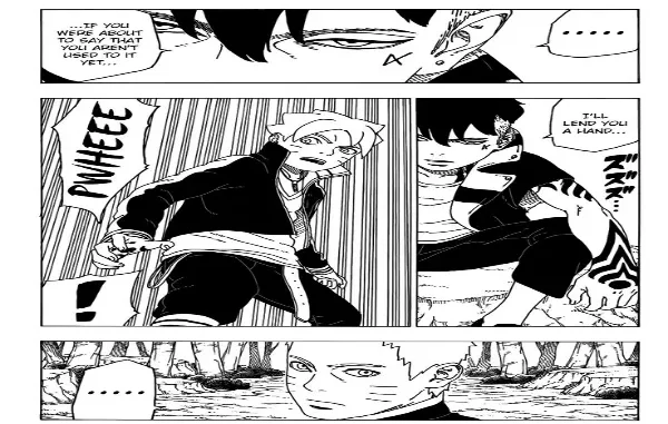 Boruto Manga Panel: Boruto, Kawaki, and Naruto Boruto and Kawaki in a tense moment, with a close-up of Boruto's father, Naruto, observing.