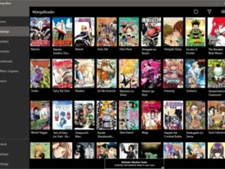 A full-screen screenshot of a desktop or tablet application named "MangaReader," showing a vast, organized grid library of various manga titles like Naruto, Bleach, and One Piece, categorized by covers.
