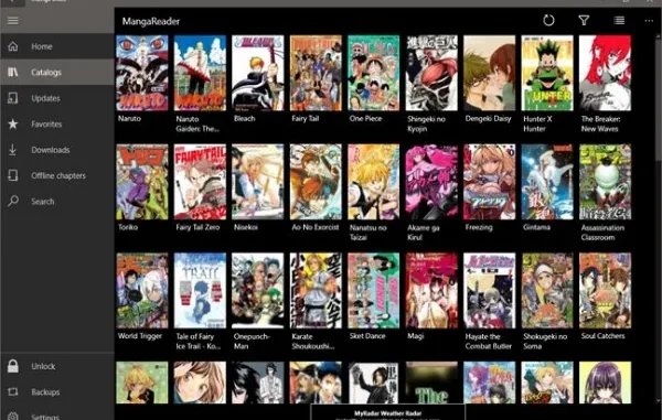 A full-screen screenshot of a desktop or tablet application named "MangaReader," showing a vast, organized grid library of various manga titles like Naruto, Bleach, and One Piece, categorized by covers.
