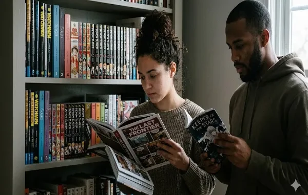A man and woman standing in front of a bookshelf filled with manga and graphic novels, each reading a different book to compare styles.