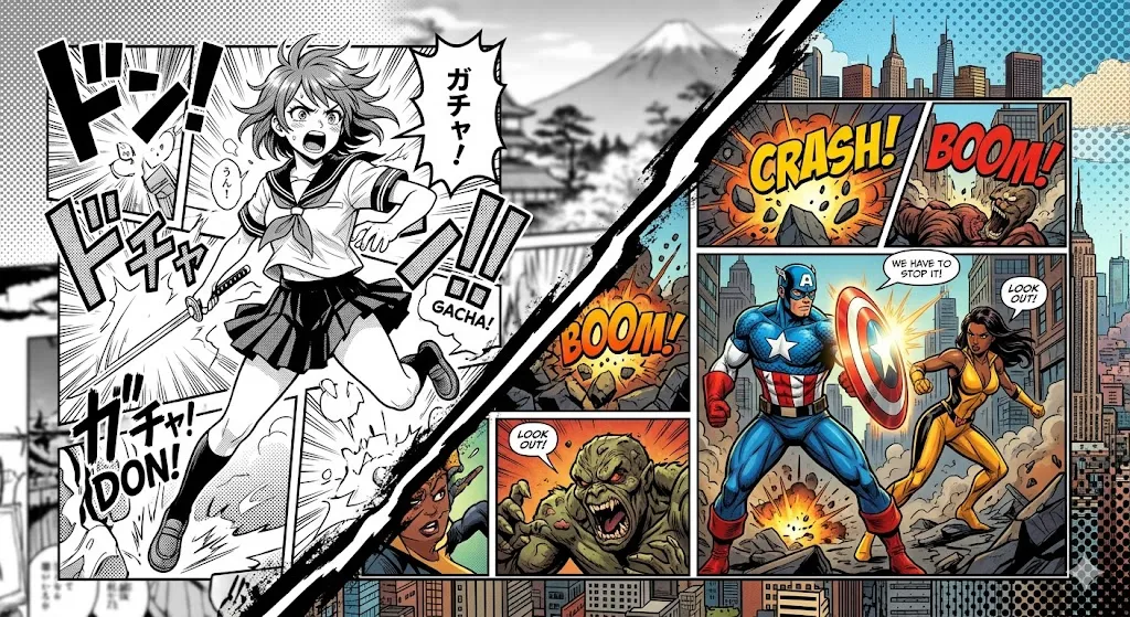 A split-screen illustration comparing manga and Western comics. The left side shows a black-and-white manga girl with a katana and stylized Japanese sound effects. The right side shows colorful, muscular American superheroes, including a Captain America-style figure, in a high-action city battle.