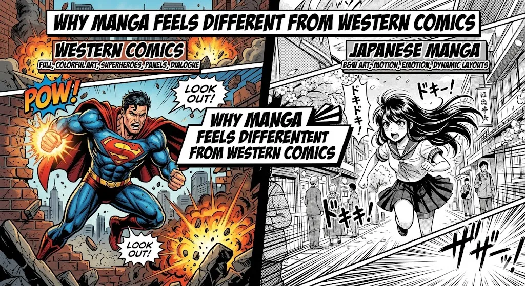 A split-screen illustration titled "Why Manga Feels Different From Western Comics." The left side shows a colorful Western superhero (Superman-style) bursting through a wall with "POW!" sound effects. The right side shows a black-and-white Japanese manga girl running through a city street with dynamic speed lines and Japanese onomatopoeia.