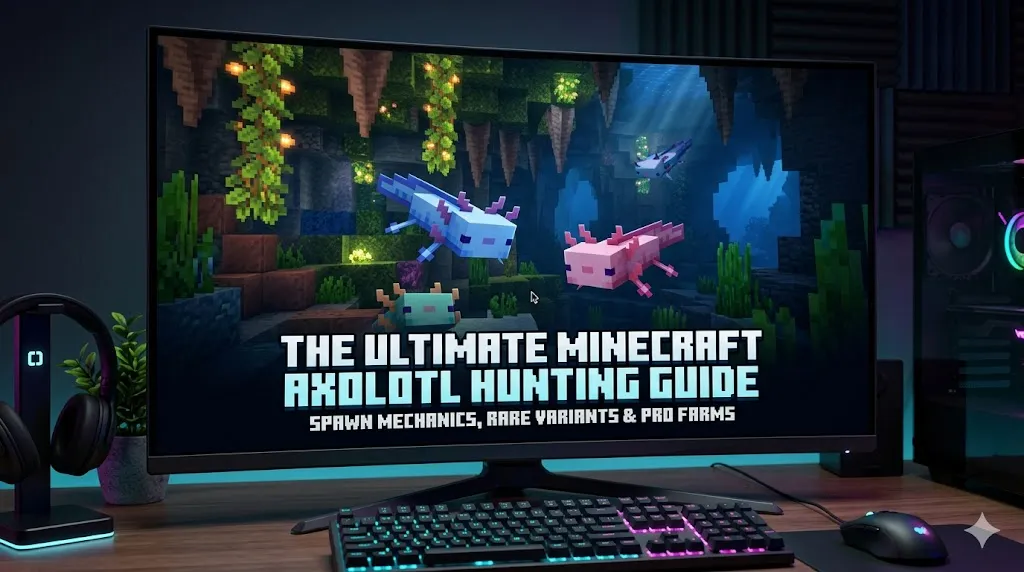 A computer monitor displaying a Minecraft guide titled 'The Ultimate Minecraft Axolotl Hunting Guide' on a gaming desk setup with an RGB keyboard and mouse.