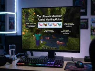 A computer monitor displaying a Minecraft guide titled 'The Ultimate Minecraft Axolotl Hunting Guide' on a gaming desk setup with an RGB keyboard and mouse.