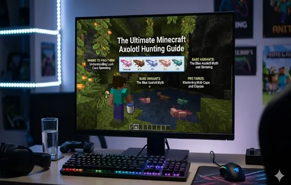 A computer monitor displaying a Minecraft guide titled 'The Ultimate Minecraft Axolotl Hunting Guide' on a gaming desk setup with an RGB keyboard and mouse.