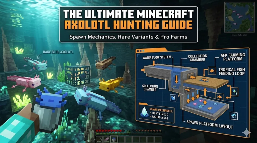 An infographic for a Minecraft Axolotl hunting guide showing various axolotl color variants swimming in a lush cave near a spawner, alongside a technical blueprint layout for an automated AFK axolotl farm.