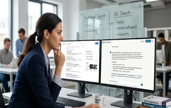 A candid photograph of a thoughtful professional woman in an open-plan office, leaning forward from her desk while gazing at two computer monitors. Behind her is a glass whiteboard divided into columns titled "Traditional Search" and "AI Search," with handwritten bullet points comparing the two methods.
