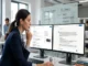 A candid photograph of a thoughtful professional woman in an open-plan office, leaning forward from her desk while gazing at two computer monitors. Behind her is a glass whiteboard divided into columns titled "Traditional Search" and "AI Search," with handwritten bullet points comparing the two methods.