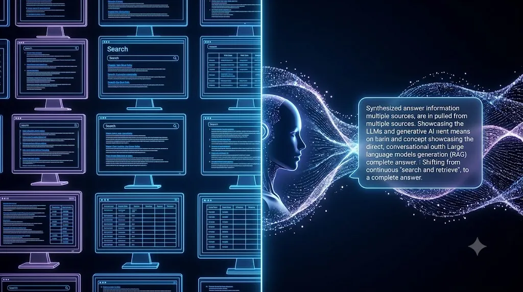 A split conceptual image showcasing the difference between traditional search and AI search. The left side features a grid of stylized computer monitors with classic "Google-style" lists of hyperlinks, representing traditional "search and retrieve" results. A vertical central light line marks the transition. The right side shows a sweeping stream of connected particles with a blue AI profile silhouette and a floating digital text bubble. The bubble contains a comprehensive text block explaining that the AI synthesizes information from multiple sources (RAG) to provide a complete, conversational answer. The background is dark with a modern, cyberpunk aesthetic using blue and violet light.