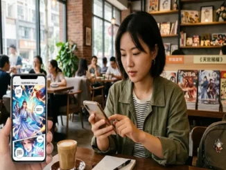 A young woman sits at a wooden table in a busy café, reading a digital comic on her smartphone. In the foreground, another phone screen displays a vibrant, full-color Chinese cultivation manhua featuring a long-haired warrior. In the background, bookshelves are filled with various comic books.