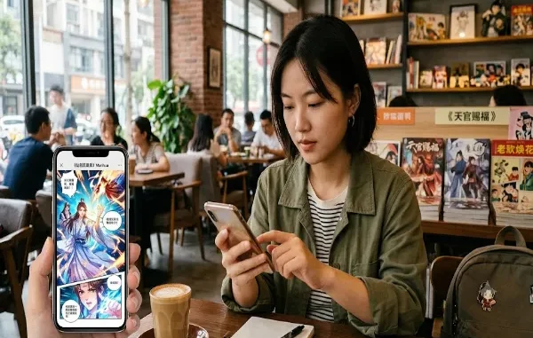 A young woman sits at a wooden table in a busy café, reading a digital comic on her smartphone. In the foreground, another phone screen displays a vibrant, full-color Chinese cultivation manhua featuring a long-haired warrior. In the background, bookshelves are filled with various comic books.