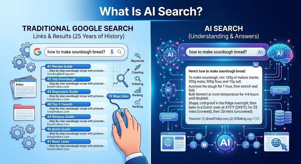 A horizontal infographic titled "What Is AI Search?". It contrasts "Traditional Google Search" (Links & Results) on the left with "AI Search" (Understanding & Answers) on the right. The left side features a Google search bar for "how to make sourdough bread?", a hand with a mouse clicking blue links, gears, and folders. Icons list processes: "Keywords," "Crawling," "Indexing," and "Ranking." A tag points to "10 Blue Links." The right side shows an AI interface with the same query. It presents a detailed, synthesized sourdough recipe with cited sources: "Sources: (1) BreadToday.com, (2) SFBaking.org. [1] [2]." It includes icons for a neural network, a brain, chat bubbles, databases, and website windows. At the bottom, a central "AI" button connects both sides.