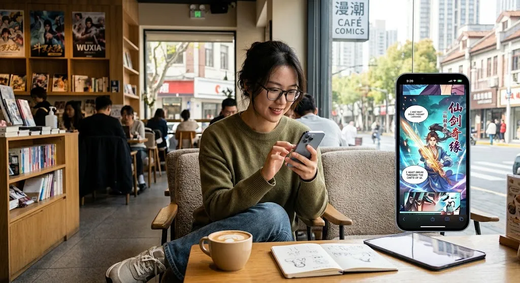 A young woman with glasses sits in a modern comic book cafe in China, smiling as she scrolls on her smartphone. On the table next to a cup of coffee, a large digital screen displays a close-up of the mobile webcomic she is reading: a vibrant, full-color Chinese manhua featuring a traditional fantasy cultivator wielding a glowing, magical sword.