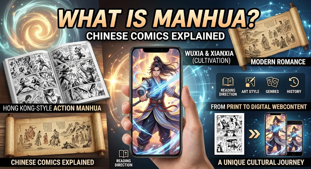 An infographic titled "What Is Manhua? Chinese Comics Explained," featuring a central smartphone displaying a colorful warrior character, alongside traditional scroll art, an open black-and-white comic book, and smaller comparison screens showing the evolution from print to digital, with text labels for genres and concepts.