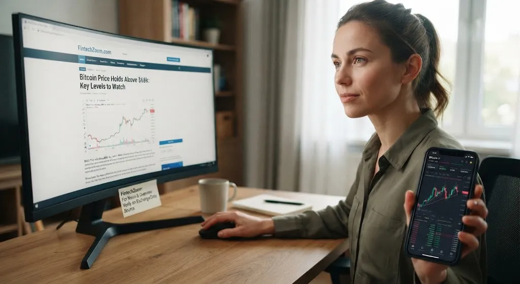 A woman sits at a wooden desk in a well-lit home office, focused on dual financial data sources. A large, curved monitor in the background displays a specific article on the "FintechZoom.com" website titled "Bitcoin Price Holds Above $68k: Key Levels to Watch" with an embedded cryptocurrency chart. In the foreground, the woman holds her smartphone, which shows a different, more detailed real-time crypto-exchange trading app interface with a candlestick chart for the same Bitcoin pair. Her gaze is directed between the two screens, performing a visual cross-reference. A handwritten sticky note is visible on the monitor bezel, reading "FintechZoom: For News & Overview. Verify on Exchange/Data Source," emphasizing the context of data reliability. The lighting is natural, and the atmosphere is professional and analytical.