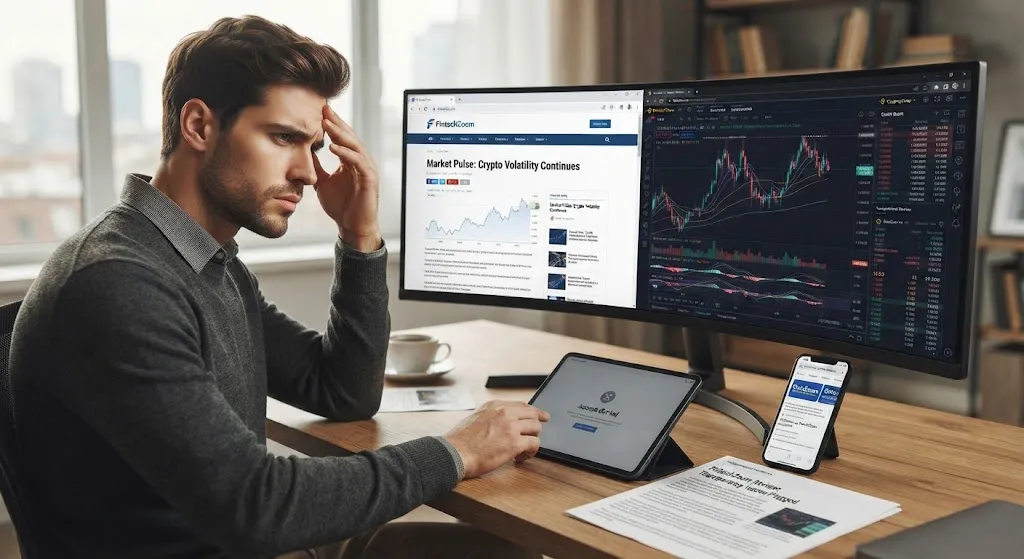 A focused young professional man sitting at a modern wooden desk in a sunlit home office, his hand on his forehead in a gesture of concentration and slight frustration. His large ultrawide monitor displays a split screen: the left side shows the 'FintechZoom' financial news website with a general article titled 'Market Pulse: Crypto Volatility Continues,' while the right side shows a professional, detailed candlestick and depth chart on a specialized trading platform (like TradingView). He is simultaneously using a tablet to cross-reference data and a smartphone showing a different app. The desk also features printed independent review documents titled 'FintechZoom Transparency Issues Flagged.' The overall scene emphasizes a deep, critical analysis of the platform's data sourcing and reliability compared to professional tools.