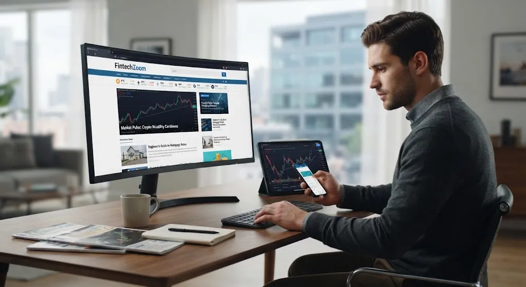 A focused young professional man sitting at a clean, modern wooden desk in a sunlit home office with a cityscape blurred in the background. He is engaged with multiple screens: a large curved monitor displaying the "FintechZoom" financial news website with stock and cryptocurrency charts, and a tablet propped beside it showing a more detailed TradingView chart. The man holds a smartphone, scrolling through financial data, and his other hand rests on a keyboard. The desk also features a coffee mug and a stack of business magazines, emphasizing a real-world financial research context. The lighting is natural and focused, highlighting his engagement with the digital information.