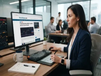 A professional woman in a modern office looking at a computer monitor displaying an article titled "FintechZoom Review: What It Actually Is and Can You Trust Its Data?".