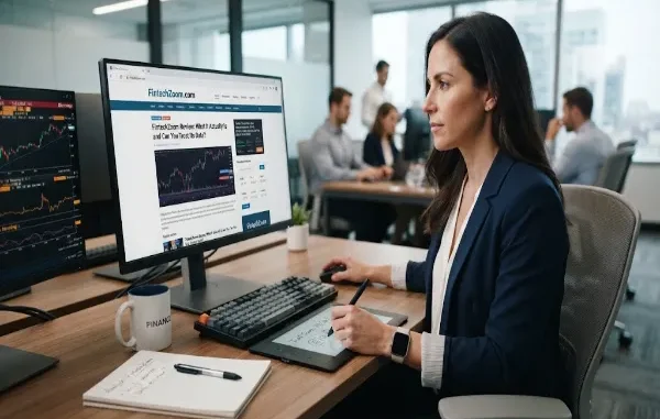 A professional woman in a modern office looking at a computer monitor displaying an article titled "FintechZoom Review: What It Actually Is and Can You Trust Its Data?".
