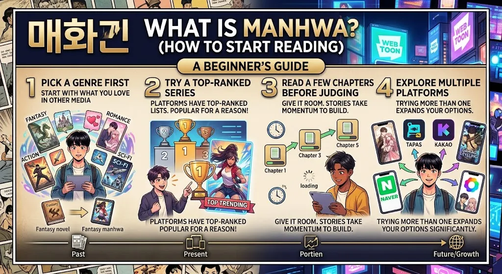 An infographic providing a beginner's guide on how to start reading manhwa, including steps to pick a genre, try top-ranked series, give stories time, and explore multiple distinct digital reading platforms. The visual style contrasts the history of manhwa on the left with modern webtoons on the right.