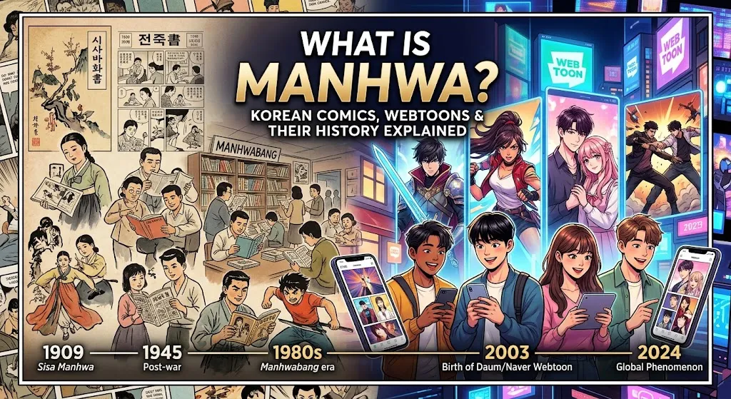A timeline graphic showing the history and transformation of Korean manhwa into modern webtoons.