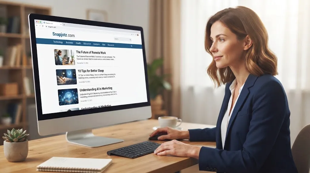 A professional woman in a home office, sitting at a wooden desk and looking at a computer monitor that displays the Snapjotz.com website homepage. The screen clearly shows article categories like "Technology," "Business," and "Health" and lists recent blog post titles such as "The Future of Remote Work" and "Understanding AI in Marketing," confirming it is a content blog rather than a software application.