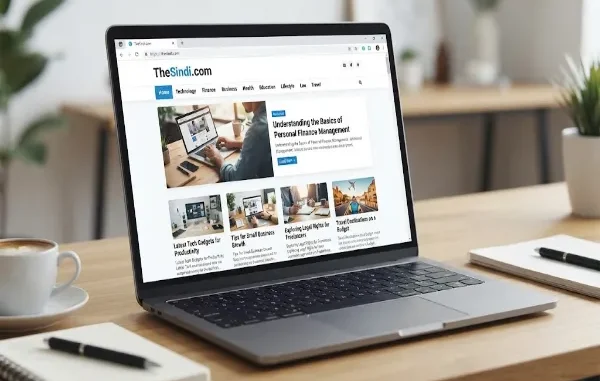 A laptop on a desk displaying the homepage of TheSindi.com, featuring various category links and article previews.
