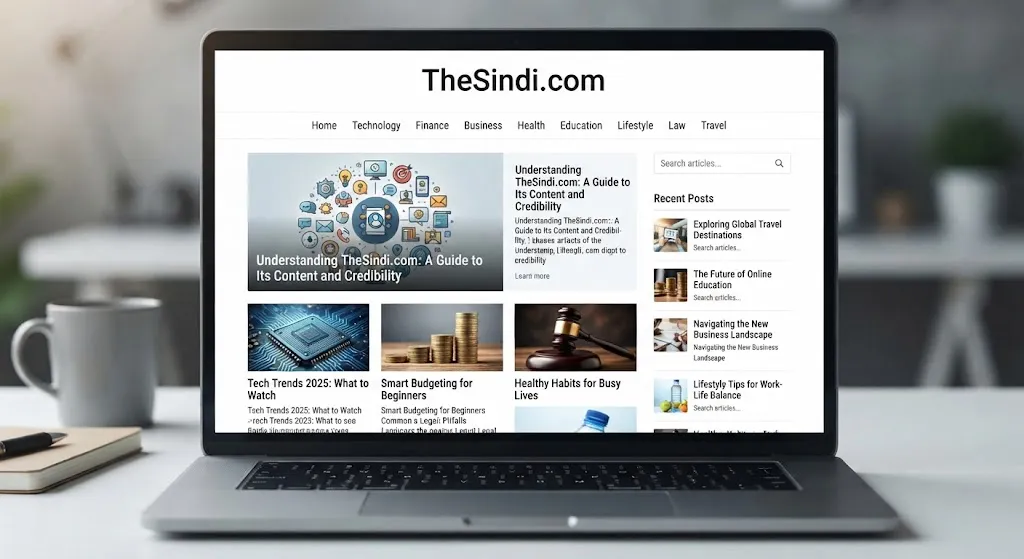 TheSindi.com homepage displayed on a laptop screen showing category navigation for technology, finance, and lifestyle alongside recent articles.
