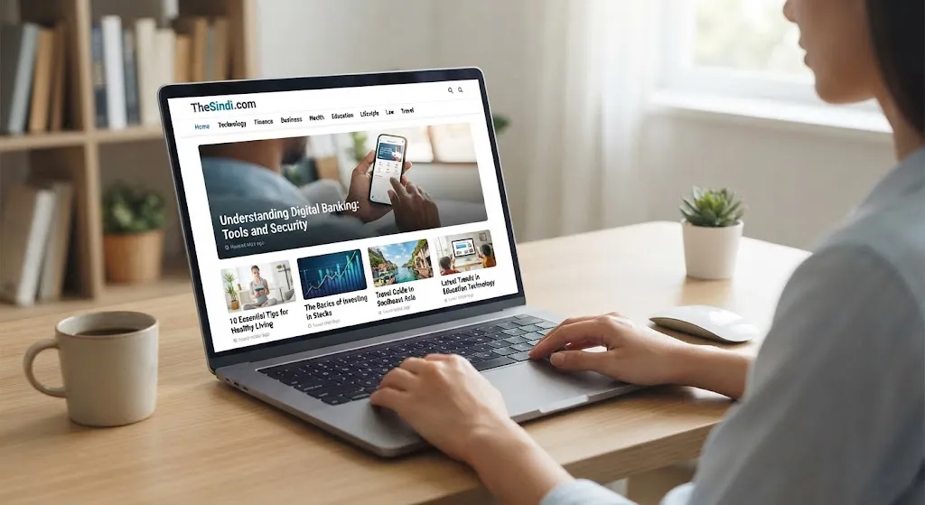 TheSindi.com homepage showing category navigation and articles