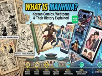A banner titled "What Is Manhwa?" showing the evolution of Korean comics from traditional paper manga-style panels on the left to modern digital webtoons displayed on smartphones and tablets on the right, featuring a historical-to-global timeline along the bottom.