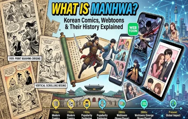 A banner titled "What Is Manhwa?" showing the evolution of Korean comics from traditional paper manga-style panels on the left to modern digital webtoons displayed on smartphones and tablets on the right, featuring a historical-to-global timeline along the bottom.