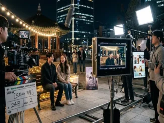 A behind-the-scenes photograph of a television production crew filming two actors on a park bench at night in Seoul. In the foreground, a large production monitor and tablets display the original webtoon panels from which the scene is adapted, with the production clapperboard confirming the source.