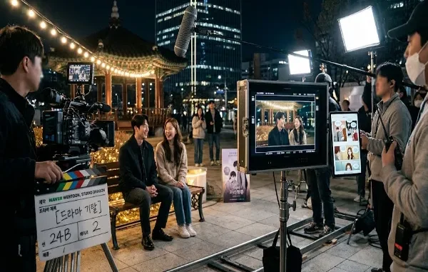 A behind-the-scenes photograph of a television production crew filming two actors on a park bench at night in Seoul. In the foreground, a large production monitor and tablets display the original webtoon panels from which the scene is adapted, with the production clapperboard confirming the source.