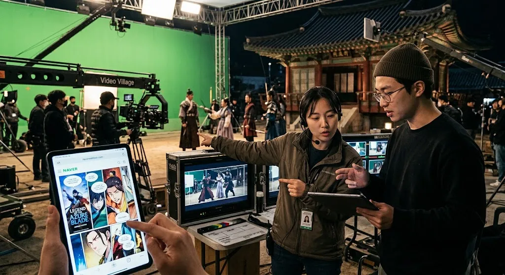 A film crew on a K-drama set compares live-action monitors with a digital manhwa webtoon displayed on a tablet.