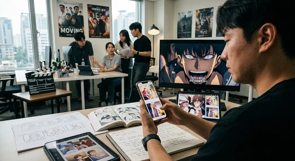 A photograph capturing a split scene: a man in the foreground scrolling through a webtoon on his smartphone, which displays the manga 'Solo Leveling,' and a production studio in the background where a crew is filming a scene with actors and storyboards, labeled with the title "WHY ARE SO MANY MANHWA ADAPTED INTO KOREAN DRAMAS?"