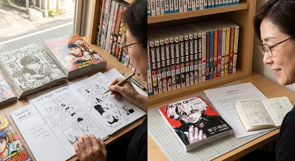 A split-screen comparison illustrating the publishing transition from weekly manga magazine chapters to a compiled tankobon volume: on the left, an editor reviews draft pages beside thick, newsprint serialized magazines; on the right, the finished paperback tankobon book with a colorful cover lies next to neat shelves of collected volumes.