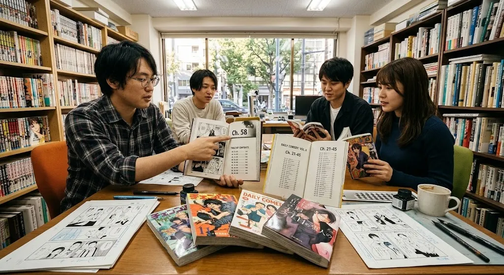 A group of manga editors and creators sitting around a studio worktable comparing open tankobon volumes, pointing out differing table of contents pages that display varying chapter counts—from a few long action series chapters to numerous short comedy manga episodes.