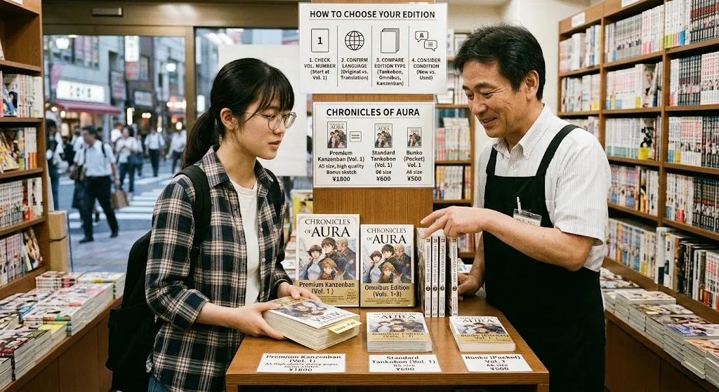 A customer in a Japanese bookstore examining different manga editions at a display table—comparing a premium Kanzenban hardcover, a standard Tankobon paperback, and a pocket Bunko volume—while a store clerk assists next to an informational guide sign detailing volume numbers, languages, and book conditions.
