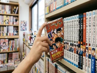 A customer's hand pulls a manga tankobon volume with colorful anime cover art from a bookshelf in a bookstore filled with organized manga volumes.