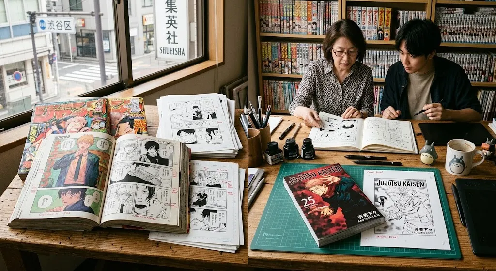 A split-screen illustration showing the compilation process of a manga tankobon: on the left, serialized chapters printed in thick, low-quality newsprint magazines alongside manuscript pages; on the right, manga editors reviewing original proofs at a desk next to a finalized, high-quality tankobon book with a glossy full-color cover.