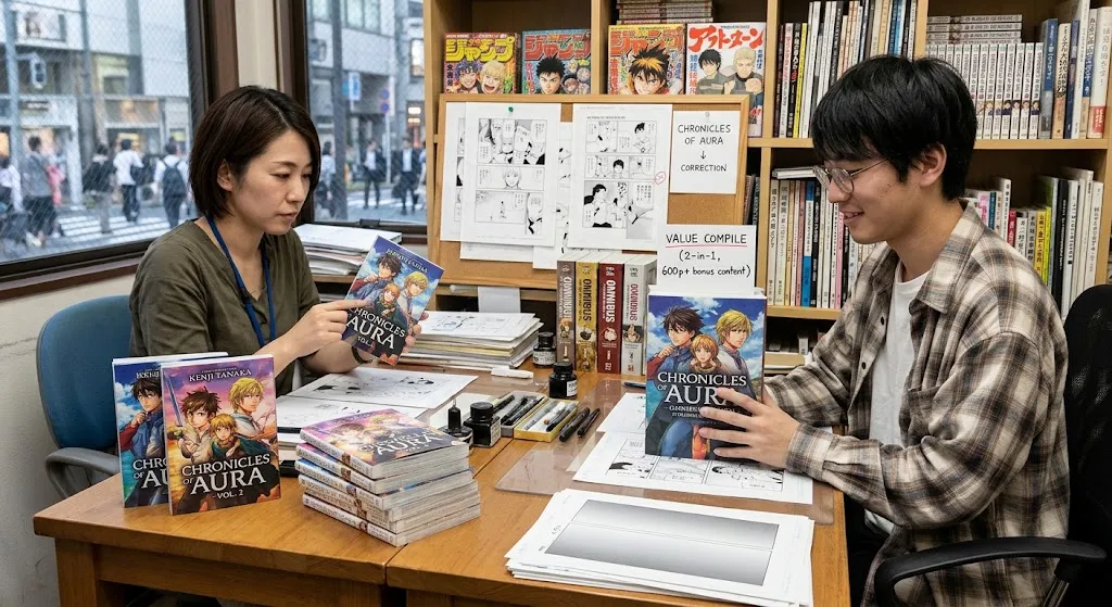 A visual comparison between single manga tankobon volumes and a thick omnibus edition, showing a publisher and reader at a desk holding three slim individual volumes on the left next to a single, large 3-in-1 omnibus compiled book on the right.